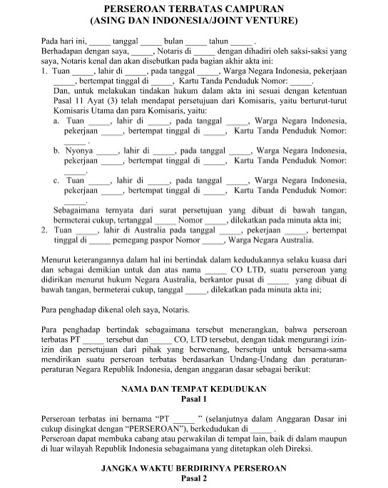 Contoh Surat Perjanjian Perseroan Terbatas Campuran (Joint 