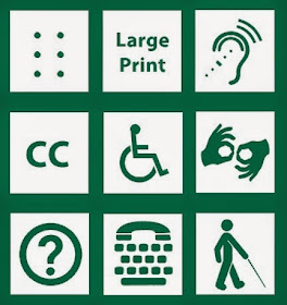 image that has the symbols that represents for public large print, braille, sign language, disability, closed captioning, TTY, blind and hard of hearing