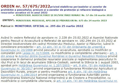 stabilirea perioadelor și zonelor de prohibiție a pescuitului, precum și a zonelor de protecție și refacere biologică a resurselor acvatice vii în anul 2022