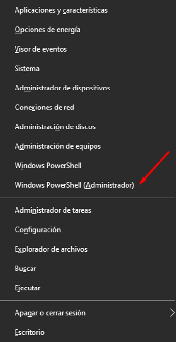 Menú Windows + X, con Powershell