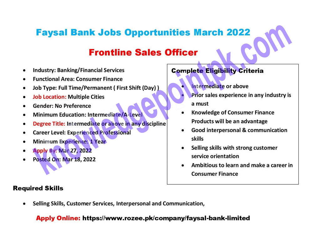 Faysal Bank New Jobs 2022 for Frontline Sales Officers