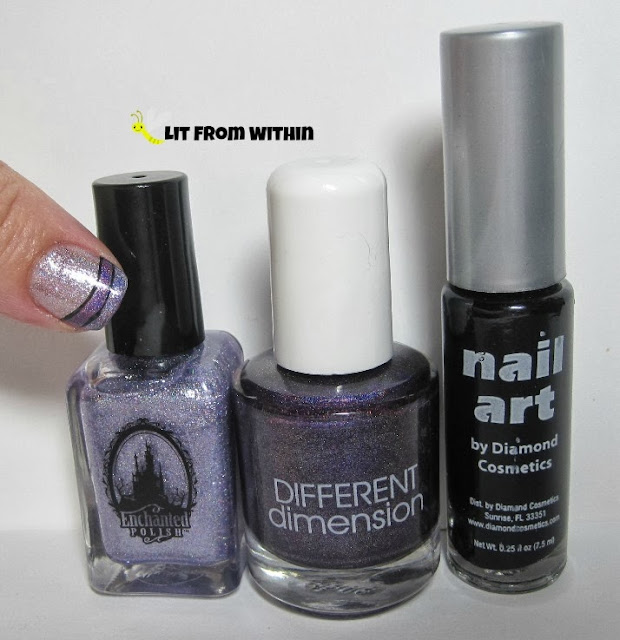 Bottle shot:  Enchanted Polish Purple Roses, Different Dimensions Dueling Unicorns, and a black nail art striper.