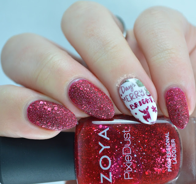 Christmas nail art using Zoya Oswin, Firecracker Lacquer Hoarfrost, Revlon Rain Forest, Sally Hansen Insta-Dri Wined Up