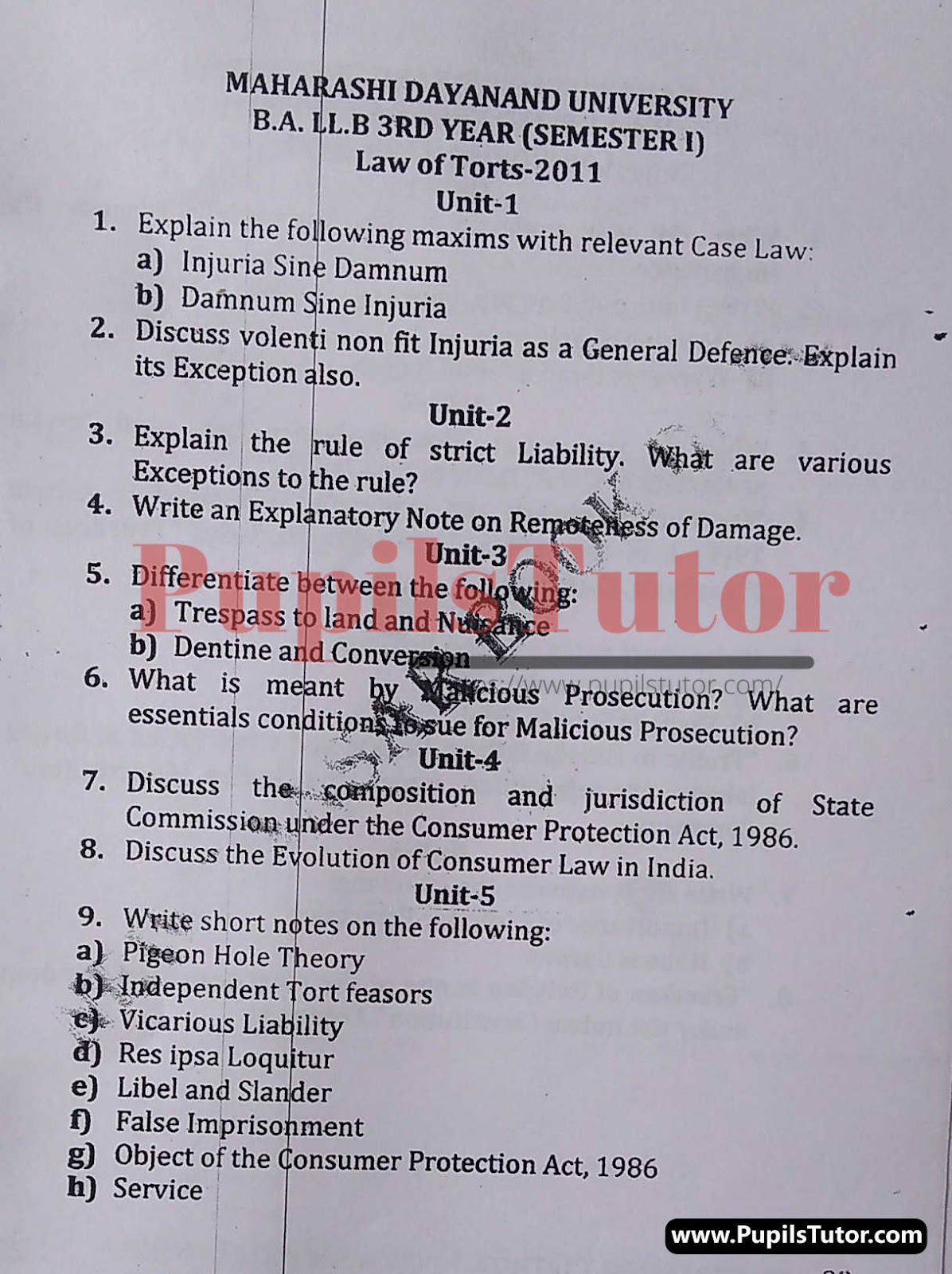 MDU (Maharshi Dayanand University, Rohtak Haryana) LLB Regular Exam (Hons.) First Semester Previous Year Law Of Torts Question Paper For 2011 Exam (Question Paper Page 1) - pupilstutor.com