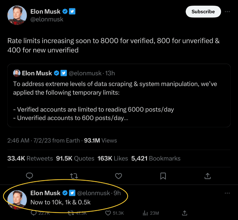 Screencap from Elon's Twitter account