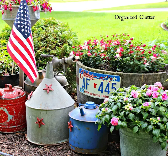 Red White & Blue Junk Garden Vignette www.organizedclutter.net