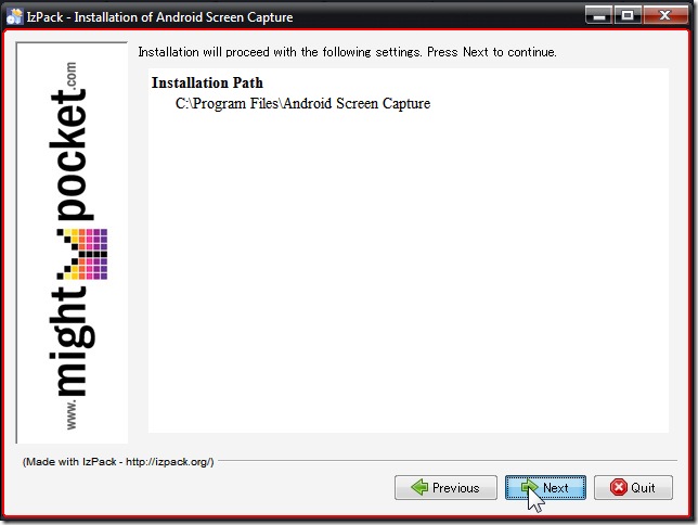 009_Left_850,567_[IzPack - Installation of Android Scr...](カスタム)を、クリックします。