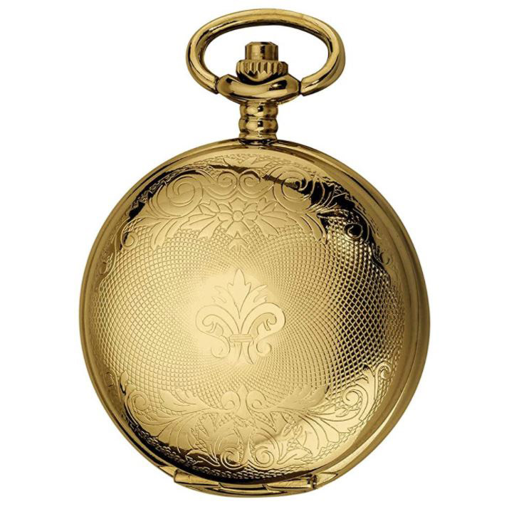 Mens Pocket Watch with Chain Half Hunter Double Cover Skeleton Mechanical Watches Gold Roman Numeral in Box