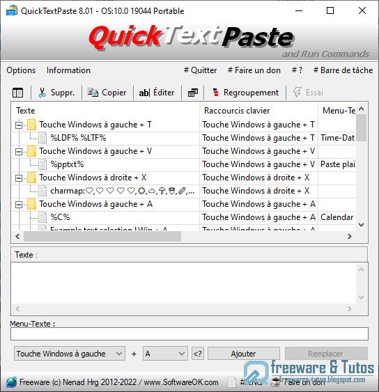 Quick Text Paste : un logiciel portable pour insérer rapidement du texte prédéfini dans les documents via des raccourcis clavier