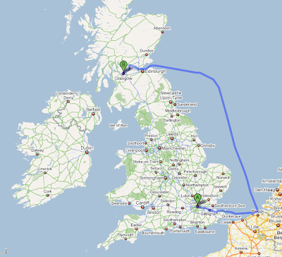 Google Map showing journey from London to Glasgow, mostly by sea