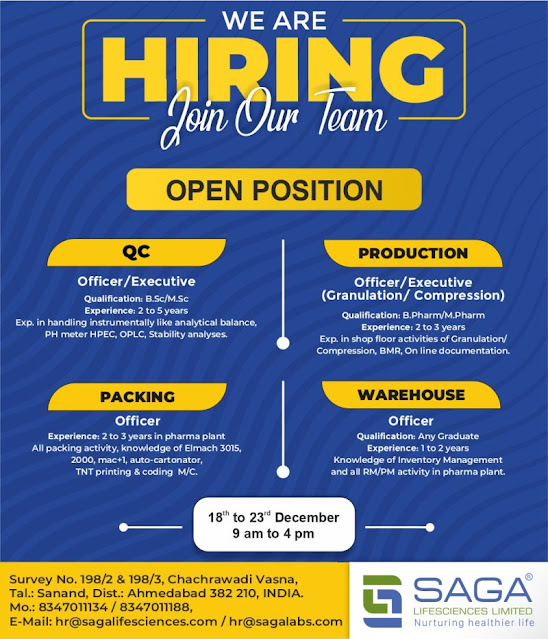 Saga Lifesciences Walk In Interview For QC/ Production/ Packing/ Warehouse