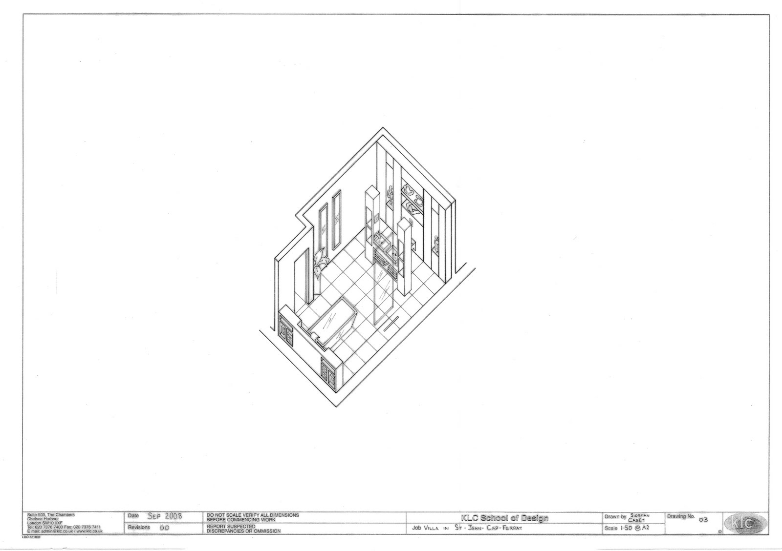 Ensuite Bathroom Axonometric Ink Drawing Depicting Layout Of Bathroom