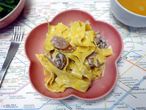 My Homemade pappardelle tossed with onion, mushroom and sausage