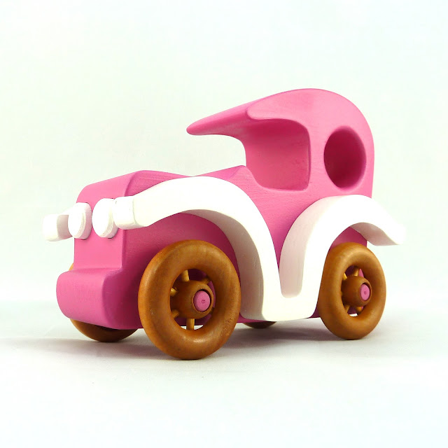 Wooden Toy Car, Model-T Sedan, Handmade and Finished with Pink & White Acrylic Paint and Amber Shellac Bad Bob's Custom Motors Series #odinstoyfactory #handmade #woodtoys #madeinusa #madeinamerica