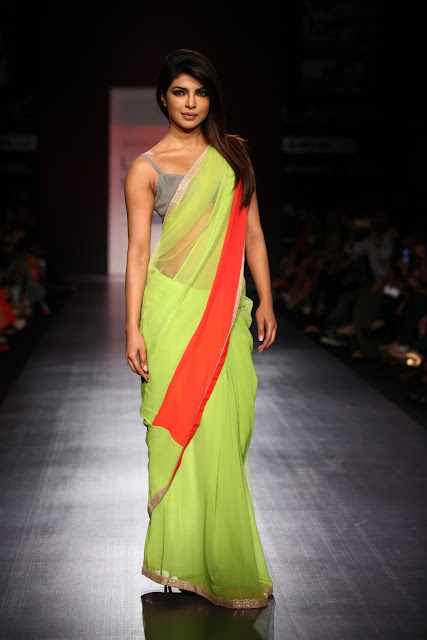 Priyanka Chopra in Neon Saree at Lakme Fashion Week
