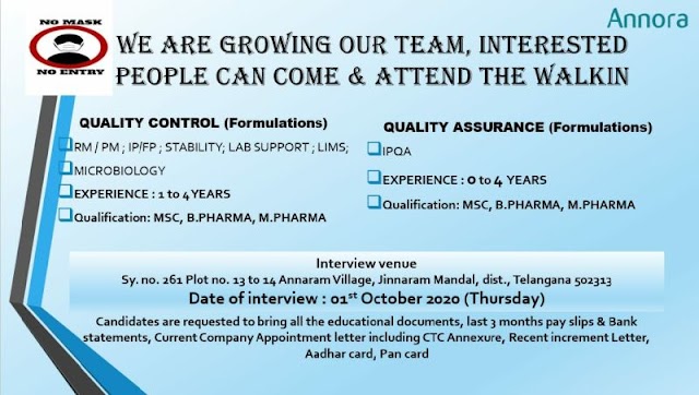 Annora Pharma | Walk-in Interview for QC/QA department at Hyderabad on 1 Oct 2020