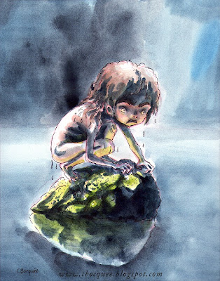 watercolour illustration of a feral wolf child character