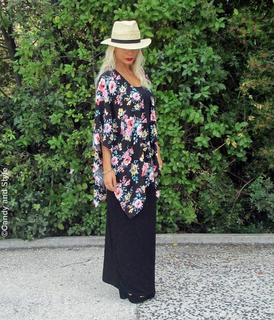 StrawFedora+FloralKimono+MaxiSkirt+SuedeSandals+BeachWaves+RedLips - Lilli Candy and Style Fashion Blog