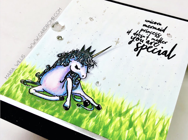 #cardbomb, #mariawillis, #PicketFenceStudios, #unicorn, #cards, #stamp, #ink, #paper, #papercraft, #cardmaking, #handmade, #handmadecards, #magic, #art, #color, #copics, #copicmarkers, coloring, Kylee's Unicorn, Picket Fence Studios, 