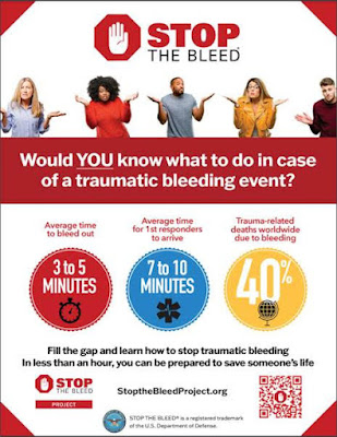 A graphic that says "Would you know what to do in case of a traumatic bleeding event?"  It also gives the statistics I list in the text above.