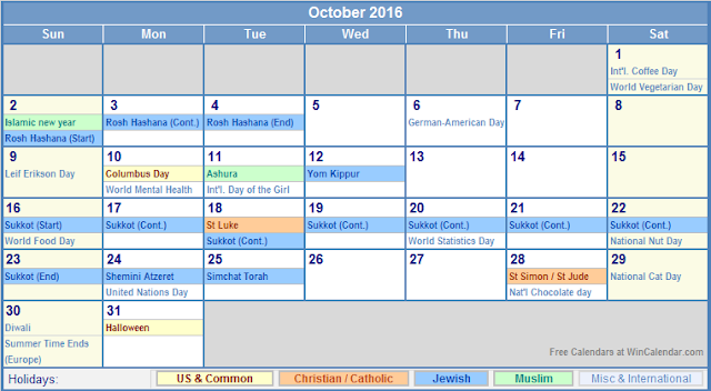 Printable Calendar 19 October 16 Calendar With Holidays Usa Uk Canada