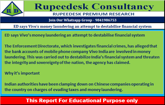 ED says Vivo’s money laundering an attempt to destabilise financial system - Rupeedesk Reports - 25.07.2022