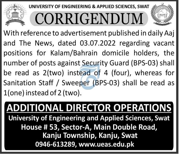 Latest University of Engineering & Applied Sciences Management Posts Swat 2022