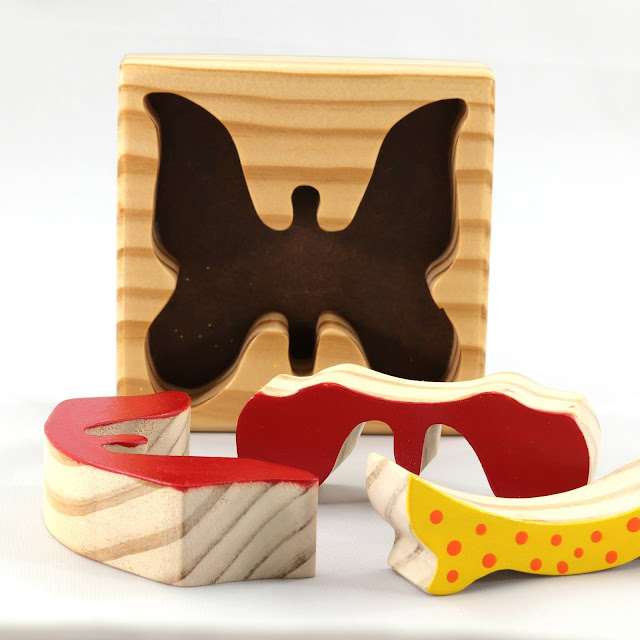 Handmade Wood Butterfly Toy Tray Puzzle in Red, Orange, and & Yellow