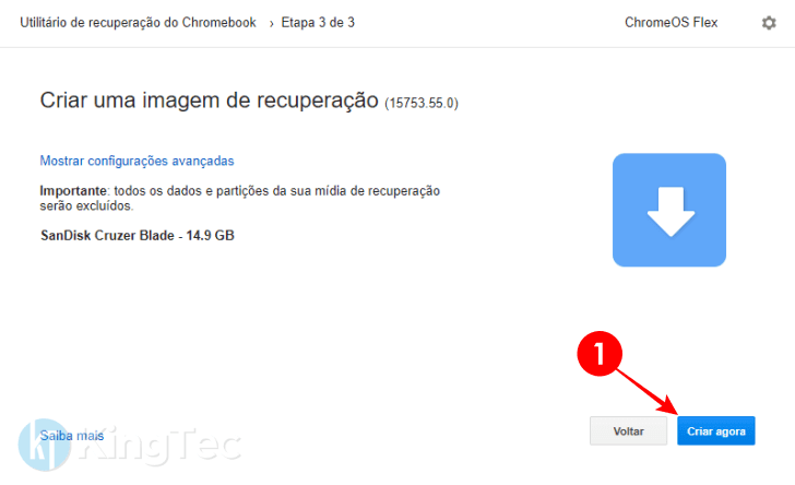 Tela de confirmação da criação de mídia inicializável do ChromeOS Flex