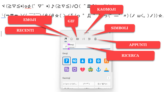 emoji e simboli con la scorciatoia da tastiera