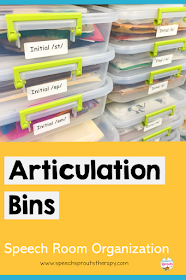 Organize your speech therapy articulation activities, cards and worksheets for each phoneme in a bin. Easy to grab and go! Read more speech room organization tips at www.speechsproutstherapy.com #speechsprouts #speechtherapy #organization #speechroom