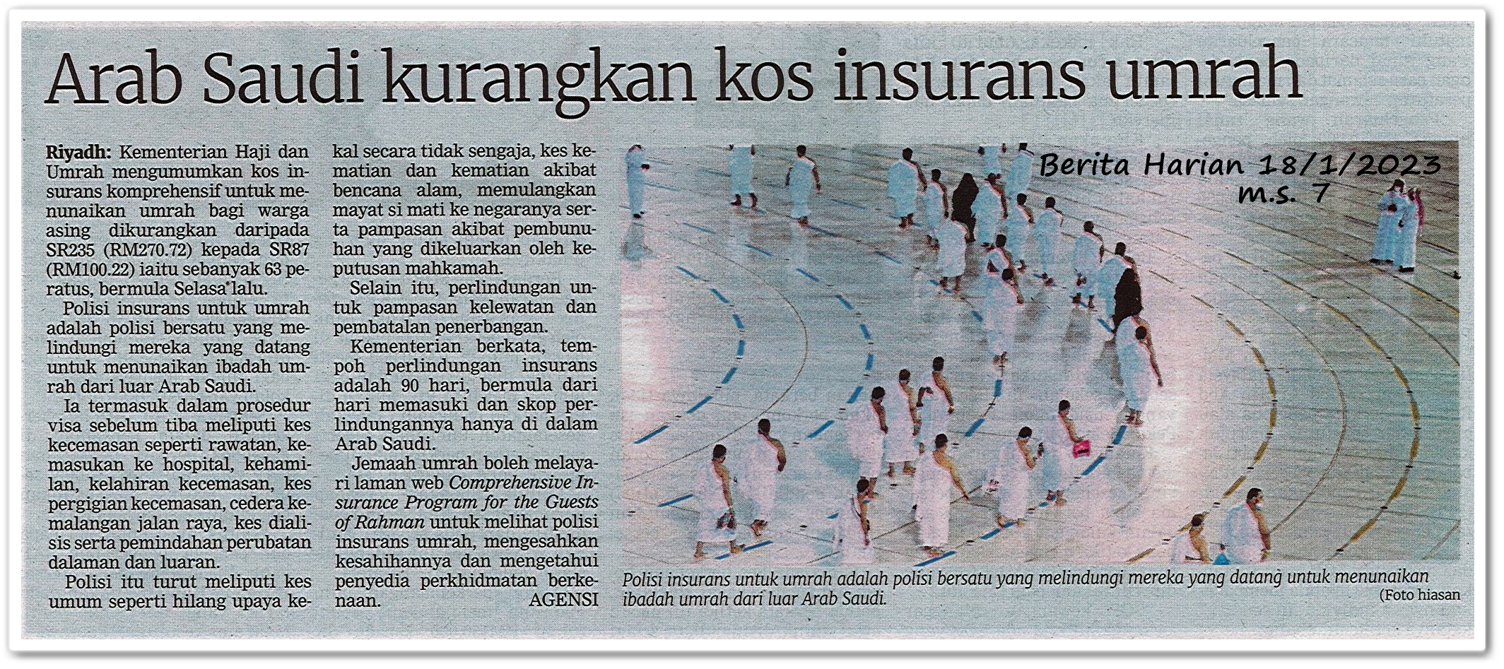 Arab Saudi kurangkan kos insurans umrah - Keratan akhbar Berita Harian 18 Januari 2023