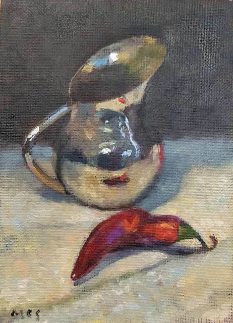 A demonstration of alla prima (wet into wet) painting of a silver jug and chili pepper in the studio of Kevin McSherry