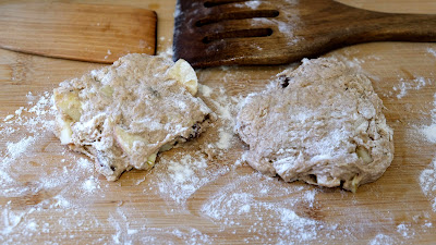 Medieval Apple Fritter batter on a wooden chopping baord