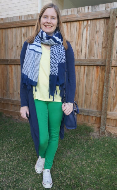yellow tee with green skinny jeans navy cardigan and accessories scarf and bedford bag | away from the blue