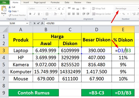 Cara Menghitung Persentase Diskon Di Excel