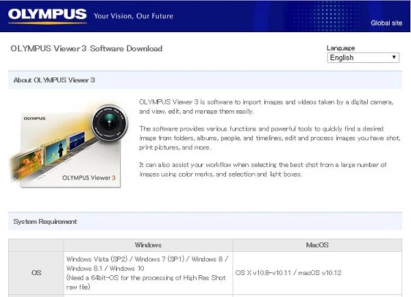 Olympus Viewer 3 Download page