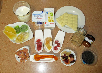 sopa de chocolate blanco, frutos secos, gelatina Alocados en la cocina