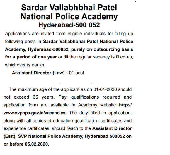 Assistant Director Law at Sardar Vallabhbhai Patel National Polce Academy, Hyderabad - last date 05/02/2020
