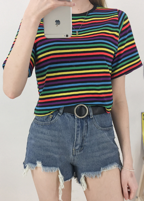 NEVERM!ND Multicolored Stripe Round Neck Crop T-Shirt