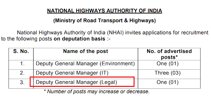 Deputy General Manager (Legal) at National Highways Authority of India - last date 09.08.2021 