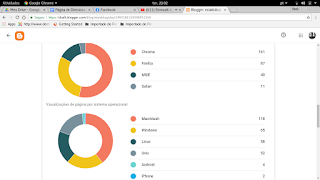 Fotografia da tela do computador, com métricas do dia de hoje, com dois gráficos! O primeiro Representa os navegadores, sendo através do Google Chrome teve 161 visitas, firefox 87, e MSIE 40 respectivamente! Já o segundo gráfico representa os sistemas operacionais, sendo em primeiro lugar Macintosh com 118, Windows 65, Linuxcom 58 respectivamente