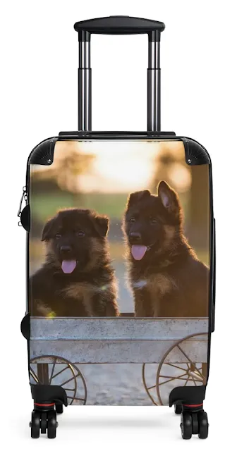 Travel Suitcase With Cute Black and Red German Shepherd Puppies Sitting on the Cart