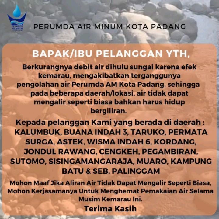 Debit Air Berkurang, Ini Daerah Pelanggan Perumda Air Minum Kota Padang yang Terdampak