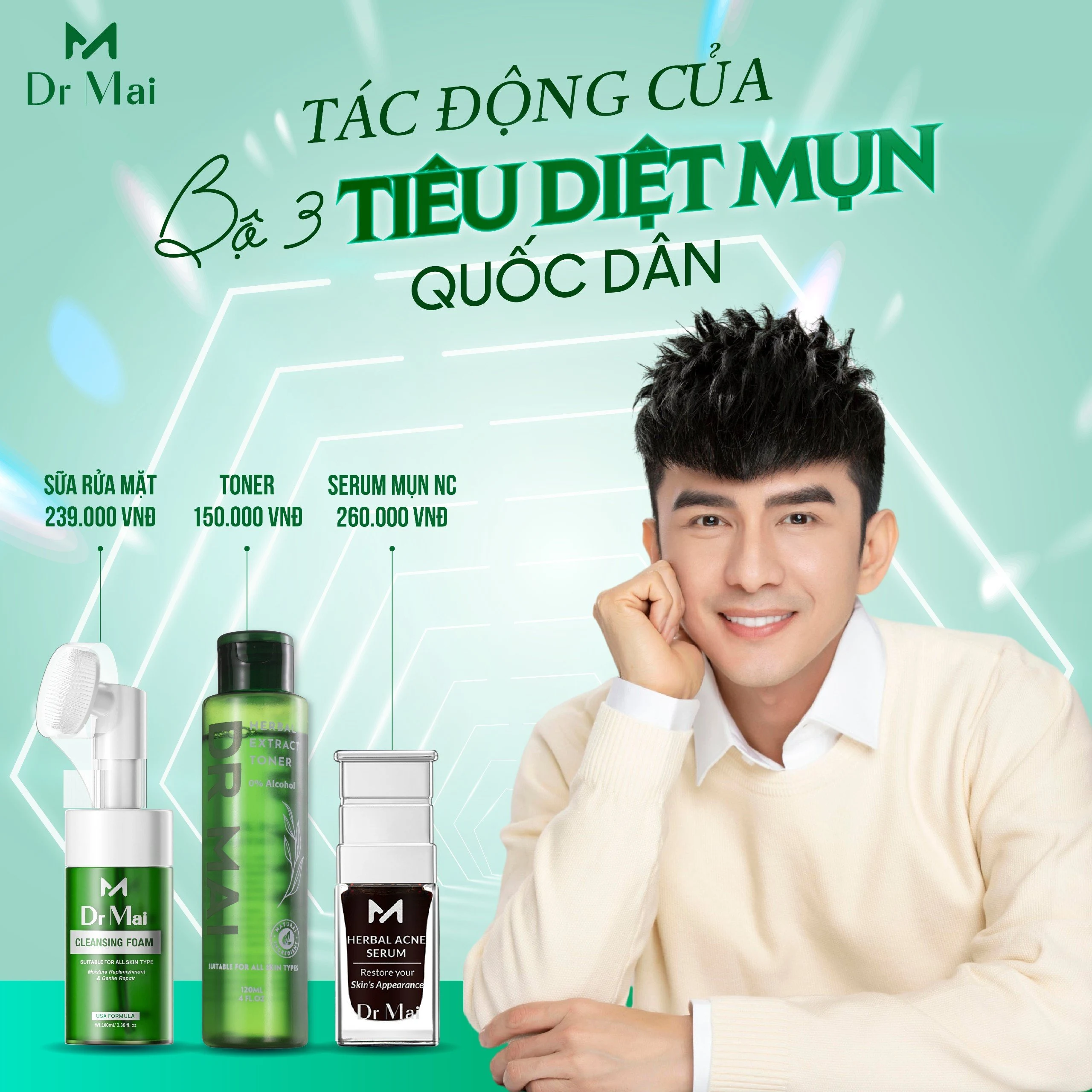 Combo Dr Mai Acne Herbal, Sữa rửa mặt Dr Mai, Toner Dr Mai