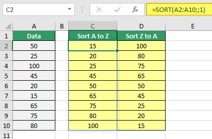 Contoh penggunan fungsi SORT Excel yang menggunakan argumen sort_order untuk menentukan jenis pengurutan data, baik secara Ascending maupun Descending.