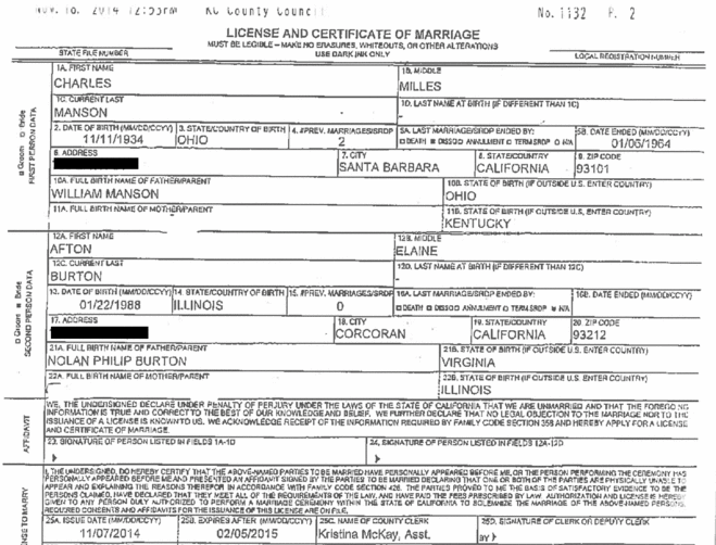 Image result for IMAGES OF CHARLES MANSON marriage license to Star