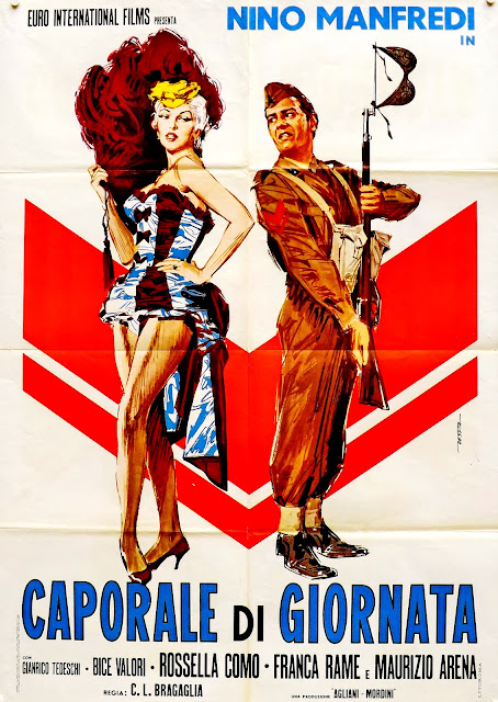 CAPORALE DI GIORNATA. Cartel de Italia. Arte: Enrico De Seta. Impresió: Litoroma, Roma. Caporale di giornata. 1958. Italia. Dirección: Carlo Ludovico Bragaglia. Reparto: Nino Manfredi, Maurizio Arena, Rossella Como, Franca Rame, Gianrico Tedeschi, Dolores Palumbo, Giampiero Littera, Gianni Musy, Riccardo Garrone, Gisella Sofio, Arturo Bragaglia.