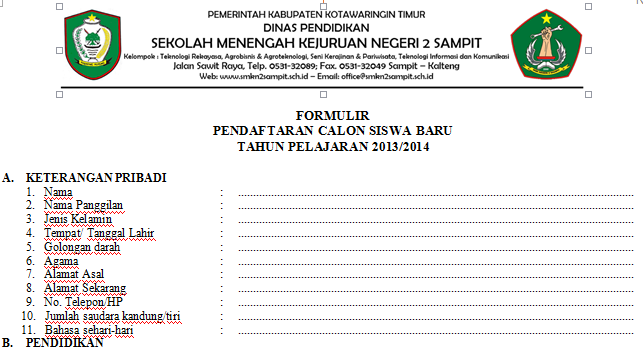 Contoh Formulir Penerimaan Calon Siswa Baru - ANUGERAH DINO