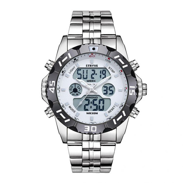 $12.99 / €11.15 Shipped for STRYVES8011 Men Waterproof Dual Display Digital Sports Watch with Stainless SteelBand
